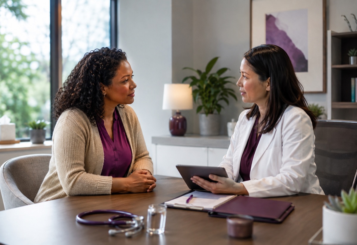 Patient and clinician having a calm consultation at a desk with notes and clinical tools nearby.