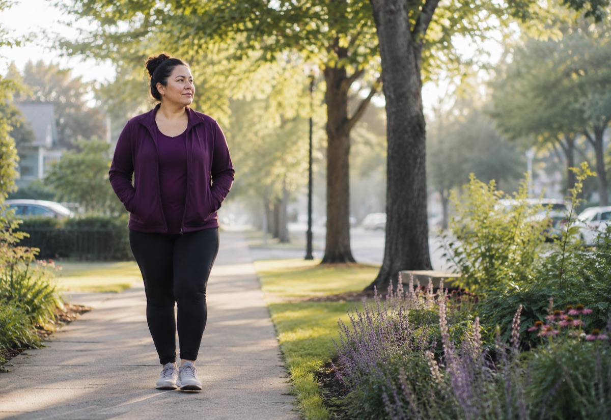 Adult walking outdoors in a quiet neighborhood as part of a sustainable weekly routine.