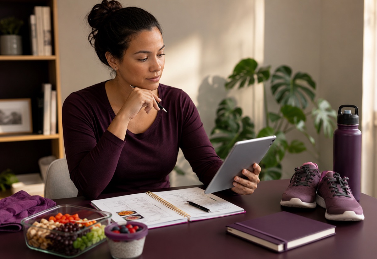 Adult reviewing a tablet and meal-planning materials with walking shoes and prepared food nearby.
