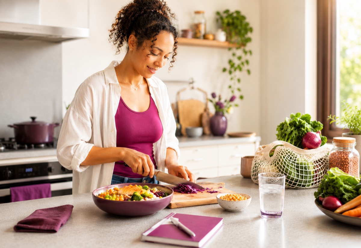 Adult preparing a balanced meal with vegetables, protein, water, and a planning notebook in a home kitchen.