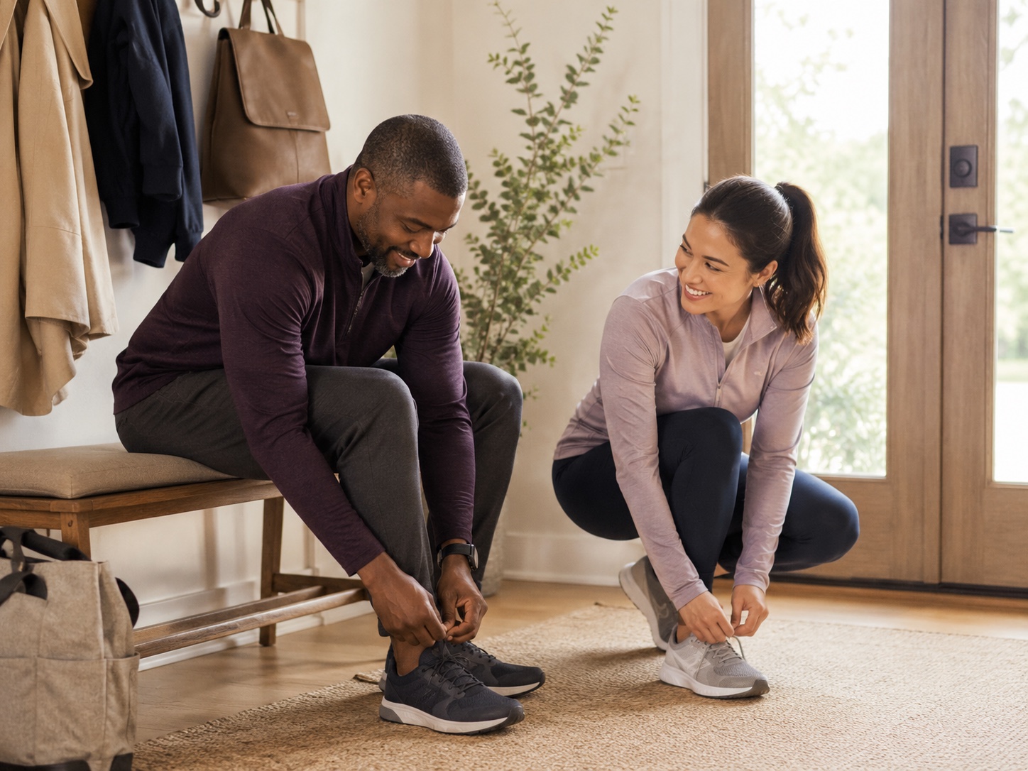 Two adults smiling while tying walking shoes before an after-work walk.