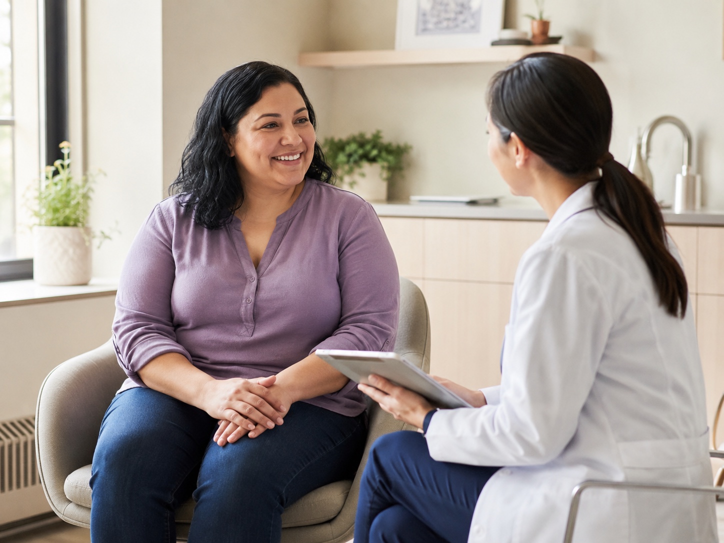 Adult patient smiling during a calm consultation with a clinician.