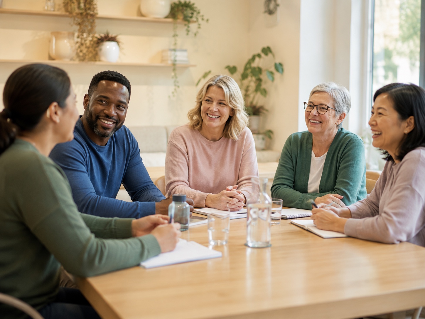 Diverse adults smiling during a supportive group coaching conversation.